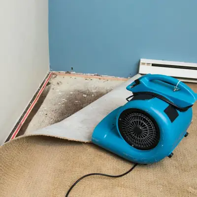 Carpet lifted to expose wet underlay being dried with an air blower after water damage